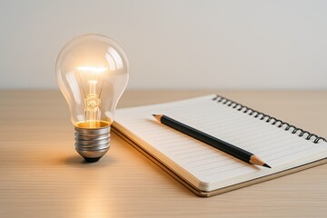 Photo of Lightbulb on Desk with Notebook – Idea and Learning Concept