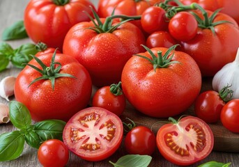 Fototapeta premium A vibrant close-up showcases a pile of ripe tomatoes, basil, and garlic. Some are whole, others halved, arranged on a wooden surface