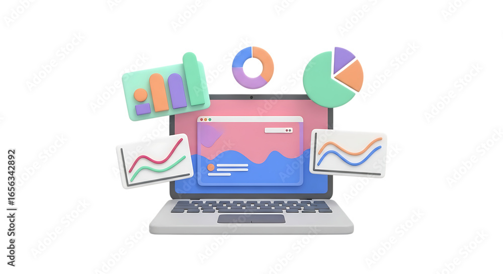 Fototapete creative digital workspace with graphs and charts displayed on a laptop for data visualization and a