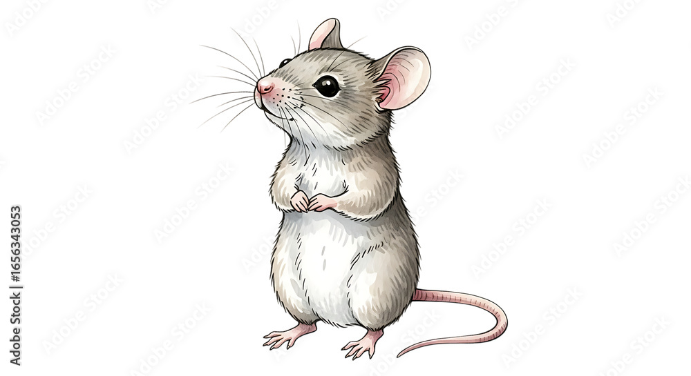 Poster cartoon mouse standing upright with a curious expression on a transparent background