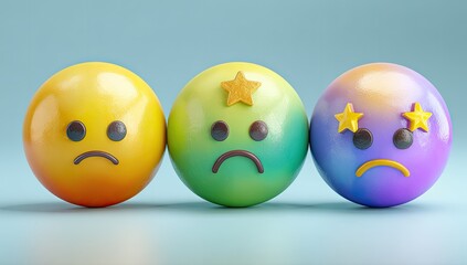 Three sad emoji spheres in a row