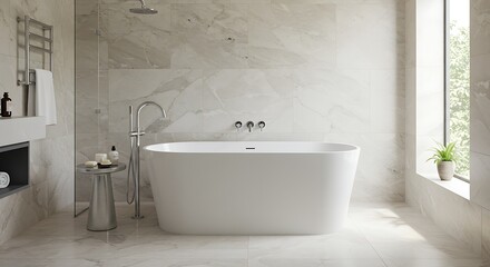 Modern Freestanding Bathtub with Marble Walls and Natural Light