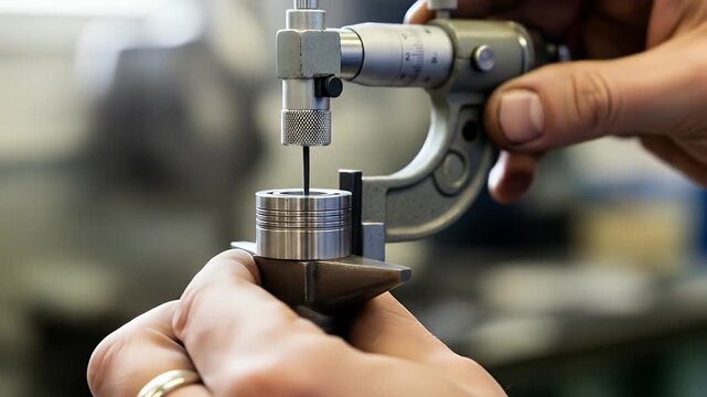 Technician Measuring Metal Part With Micrometer Tool Close Up