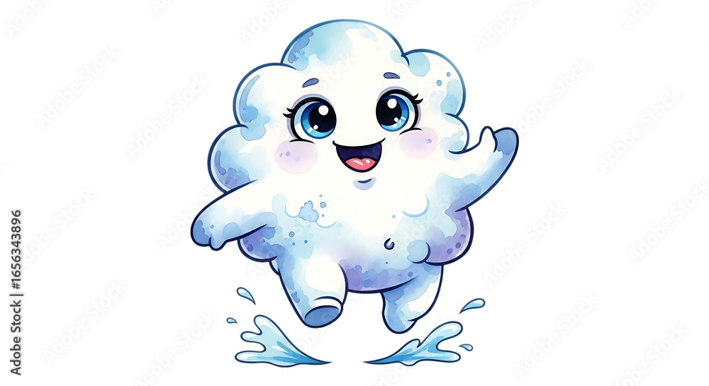 Poster cute animated cloud character jumping joyfully with splashes of water on a transparent background