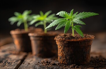 Young cannabis plants in small pots