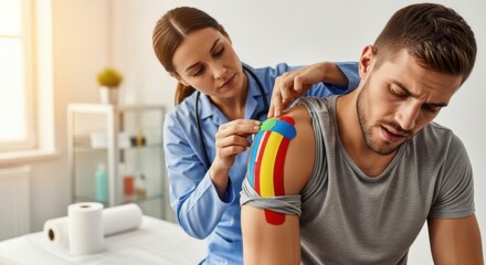 Fototapeta premium Healthcare Professional Applying Colorful Athletic Tape to Man Shoulder in Medical Clinic