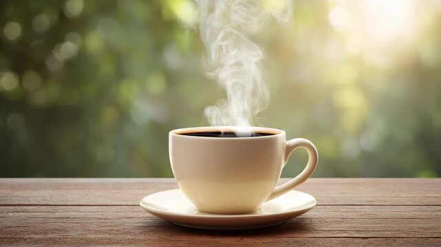 Hot steaming cup of coffee on wooden table with morning sunlight and blurred natural background