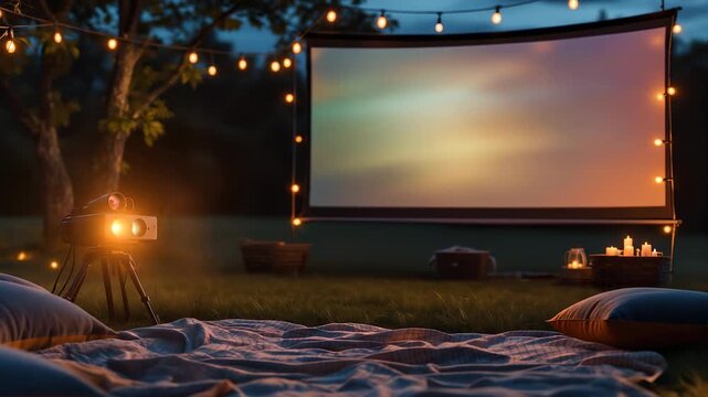 A cozy outdoor movie setup in a backyard at night, with a projector, screen, blankets, pillows, and string lights, creating a magical atmosphere.
