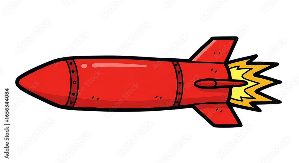 Poster cartoon red rocket with flames isolated on transparent background for design projects