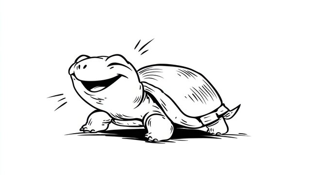 Smiling turtle cartoon with outlined shell, cheerful lines