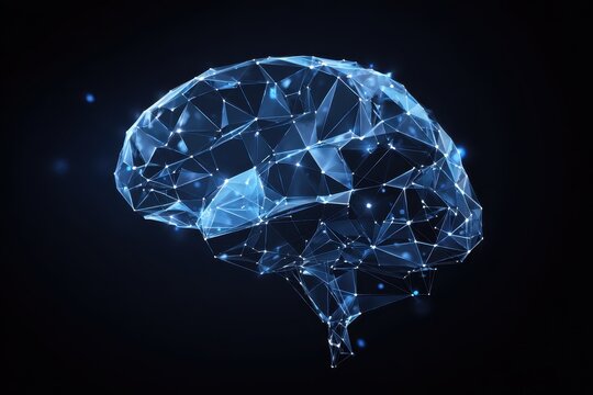 Low poly brain or Artificial intelligence concept. Symbol of Wisdom point. Abstract vector image of a human Brine. Low Polygonal wireframe blue illustration on dark background. Lines and dots - Powered by Adobe