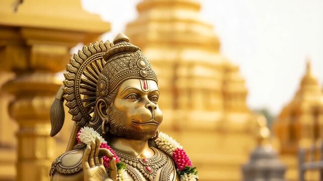 Golden Monkey God Statue with Floral Garlands and Ornate Headdress Against a Blurry Background of Golden Hindu Temple Structures