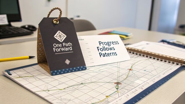Progress follows patterns inspirational tag on a table with geometric background for motivational themes