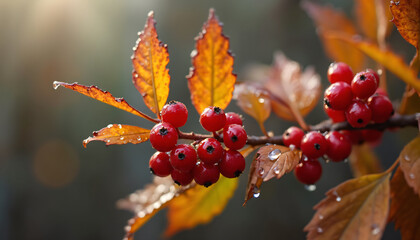 Red Berries and Orange Leaves with Water Droplets on Branch