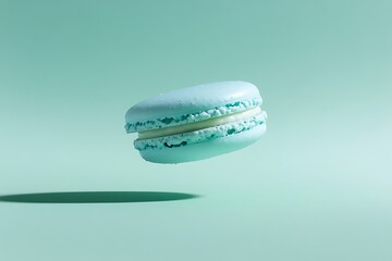 A pale blue macaron floating just above a mint green surface, casting a delicate shadow beneath as if weightless 