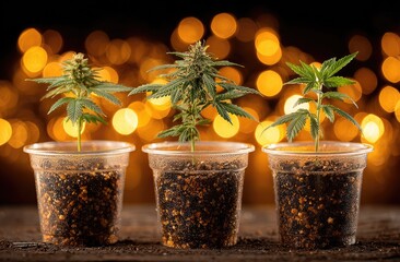 Three small cannabis plants in clear plastic cups,  against a bokeh background of warm lights