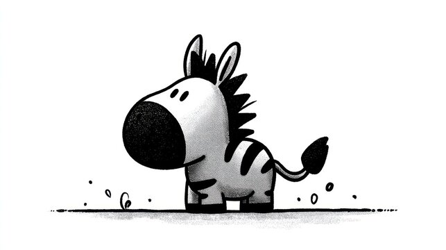 Cute cartoon zebra with big head, simplified, black & white illustration