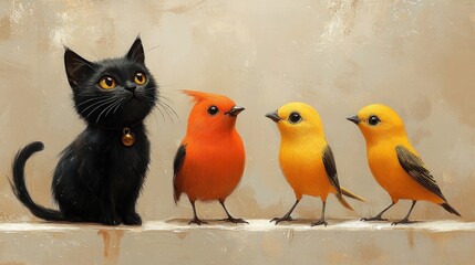 Obraz premium Cute cat and birds on a shelf
