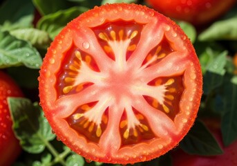 Close-up shot of a ripe, juicy tomato, halved to show its inner structure of seeds and pulp. Lush green leaves surround it
