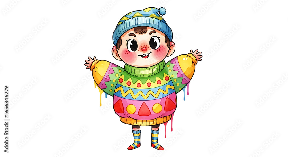 Poster colorful cartoon child in oversized sweater and hat with playful patterns on a transparent backgroun