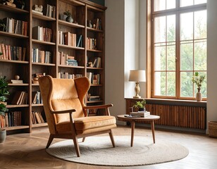 Warm study room with bookshelves and armchair