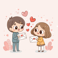 Couple Holding Love Letter with Hearts - Cartoon Illustration for Valentine's Day.