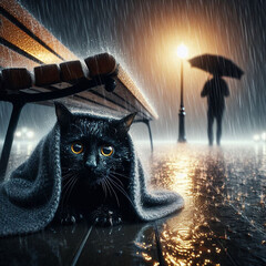 A soaked black cat shivering under a park bench during a thunderstorm, its eyes reflecting lightning flashes. A blurred figure approaches with an outstretched blanket, rain creating a bokeh effect