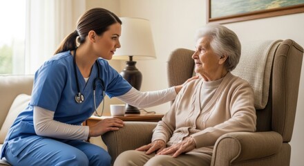 Nurse Caring for Elderly Woman Sitting in Armchair in Living Room