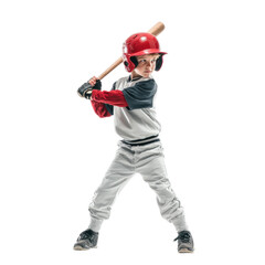 Child Holding Baseball Bat in Dynamic Swinging Pose Isolated