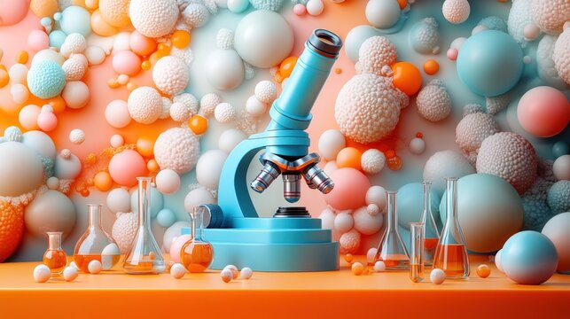 Lab microscope, vibrant spheres