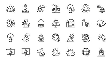 Collection of eco-friendly and renewable energy icons for environmental concepts.
