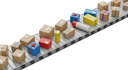Packages moving on conveyor belt showcasing various shapes and sizes in an organized delivery system