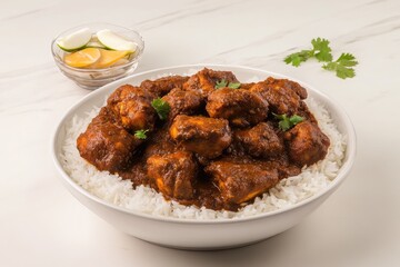 A large white bowl brimming with rich, dark brown chicken curry served over fluffy white rice.  Garnished with fresh cilantro and accompanied by a small bowl of lime wedges