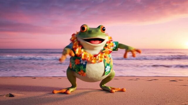 happy frog wearing lei on beach at sunset