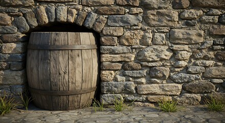 Fototapeta premium Rustic wooden barrel nestled within an ancient stone archway with grass