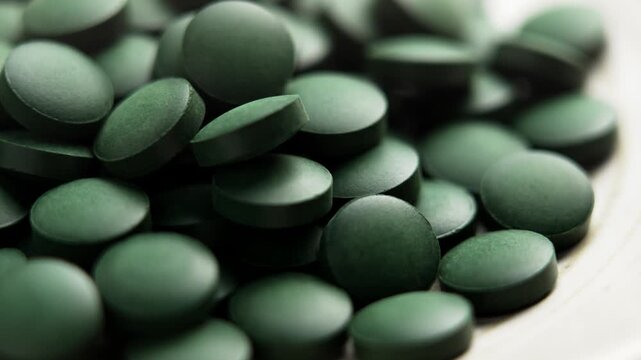 Pile of green spirulina algae tablets on ceramic plate. Organic healing supplements. Macro. Rotation