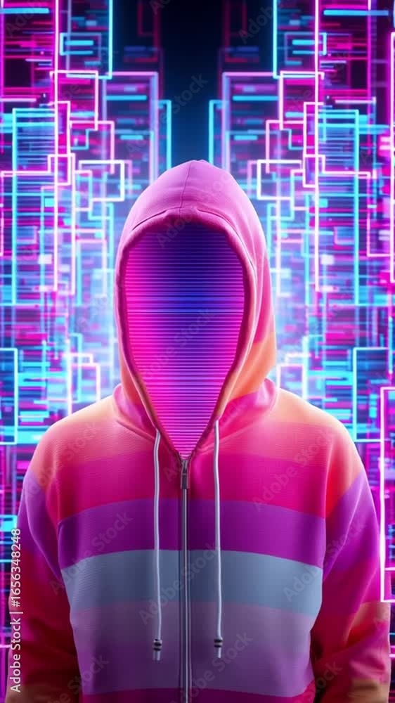 Poster cyber hacker data breach cyber attack anonymous hacker digital hooded figure neon light futuristic t