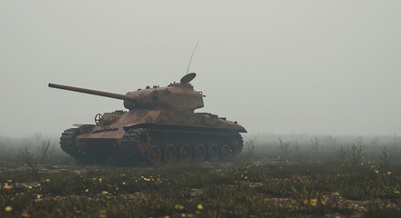 Rusty Tank in a Foggy Field with Yellow Flowers