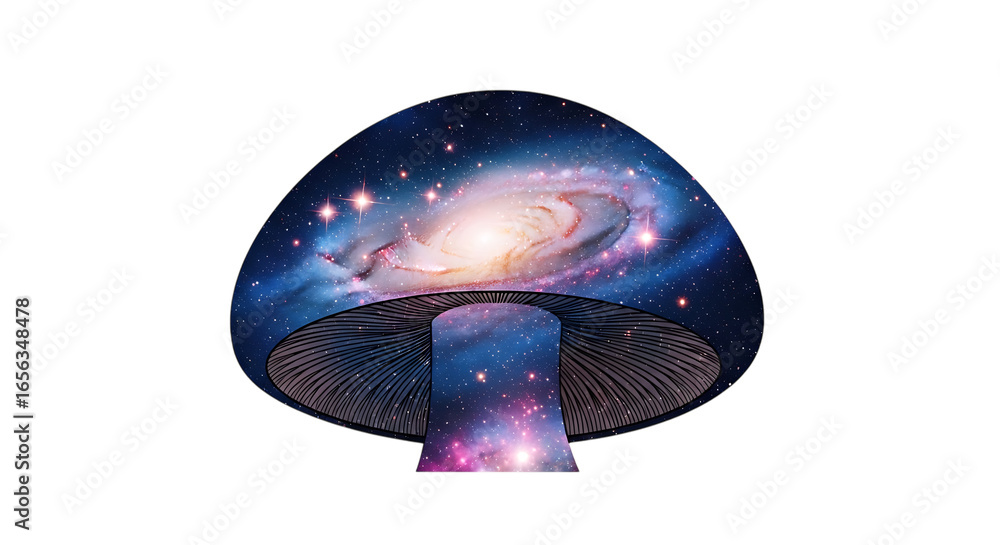 Poster cosmic mushroom structure with a swirling galaxy design on a transparent background