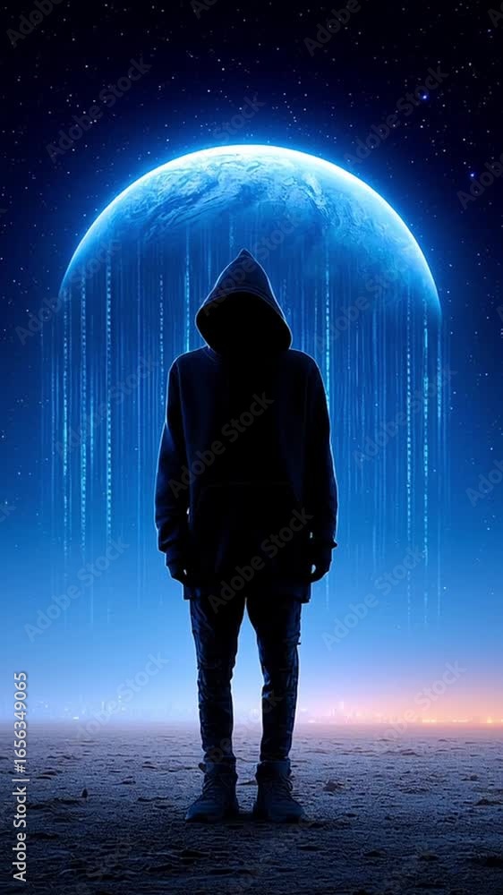 Poster cyber hacker data breach cyber attack anonymous hacker digital technology silhouette night moon hood