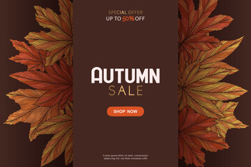 Autumn sale vector banner template with colorful hand drawn maple leaves isolated on brown background. Fall leaf vector illustration. Seasonal design for poster card advertising flyer website