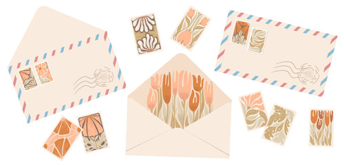 Post card, envelope and post stamp set. Collection of hand drawn mail elements isolated on white background. Vintage letter with flowers. Stationery vector illustrations for web and print