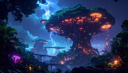 Fototapeta premium Lush Cyberpunk Rainforest Cityscape