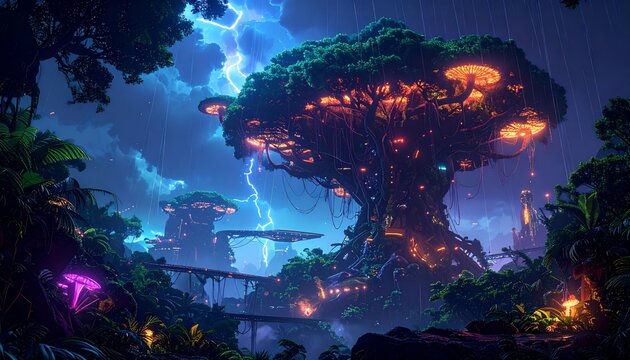 Lush Cyberpunk Rainforest Cityscape