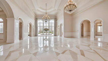 Fototapeta premium Elegant and spacious interior of a luxurious mansion hall with high ceilings, arched doorways, and a reflective polished marble floor.