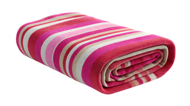 An artistic 3D render of a vibrant pink striped beach towel, minimalistic holiday product presentation, shown neatly on smooth white background 