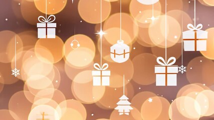 Festive christmas gift boxes and ornaments hanging against bokeh light background - Powered by Adobe