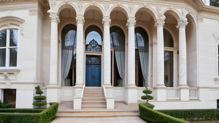 Obraz premium Elegant neo-classical mansion facade featuring a grand columned portico, stately blue door, and formal gardens.