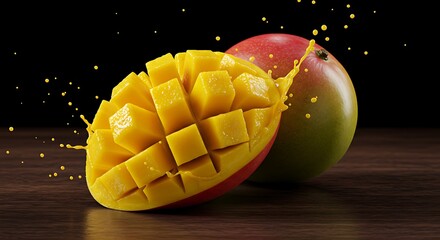 Half-cut mango fruit with juice splash