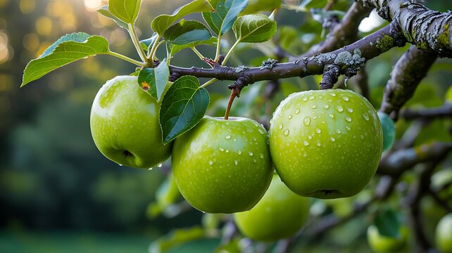 Fresh green apples growing on tree branch with leaves